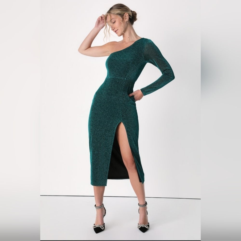 Radiant Vibe Shiny Teal Lurex One Shoulder Midi Dress